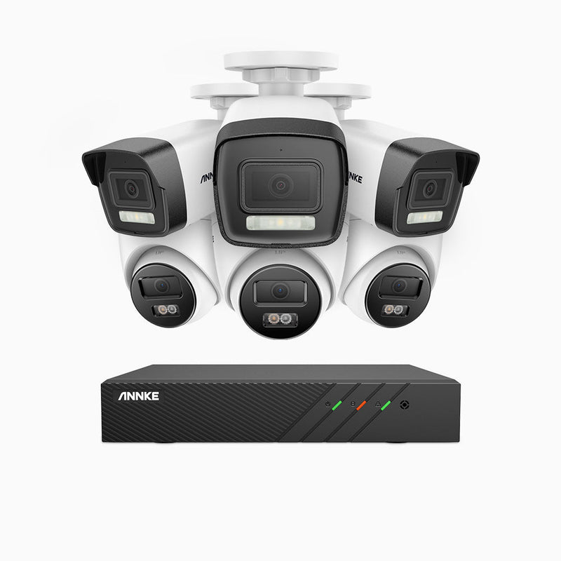 AH500 - 3K 8 Channel PoE Security System with 3 Bullet & 3 Turret Cameras, Color & IR Night Vision, 3072*1728 Resolution, f/1.6 Aperture (0.005 Lux), Human & Vehicle Detection, Built-in Microphone, IP67