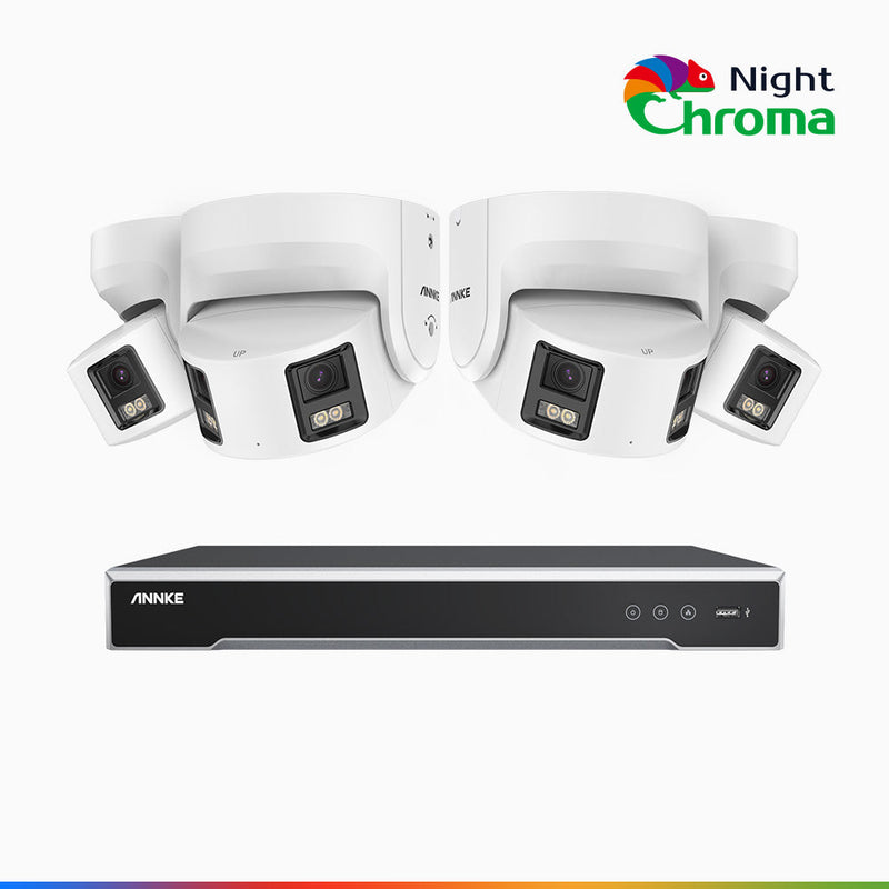 NightChroma<sup>TM</sup> NDK800 – 4K 8 Channel 4 Panoramic Dual Lens Camera PoE Security System, f/1.0 Super Aperture, Acme Color Night Vision, Active Siren and Strobe, Human & Vehicle Detection, 2CH 4K Decoding Capability, Built-in Mic