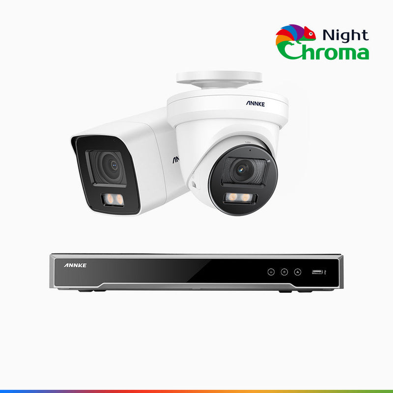 NightChroma<sup>TM</sup> NCK800 – 4K 8 Channel PoE Security System with 1 Bullet & 1 Turret Cameras, f/1.0 Super Aperture, Color Night Vision, 2CH 4K Decoding Capability, Human & Vehicle Detection, Intelligent Behavior Analysis, Built-in Mic, 124° FoV