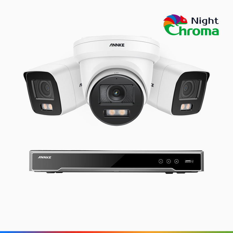 NightChroma<sup>TM</sup> NCK800 – 4K 8 Channel PoE Security System with 2 Bullet & 1 Turret Cameras, f/1.0 Super Aperture, Color Night Vision, 2CH 4K Decoding Capability, Human & Vehicle Detection, Intelligent Behavior Analysis, Built-in Mic, 124° FoV