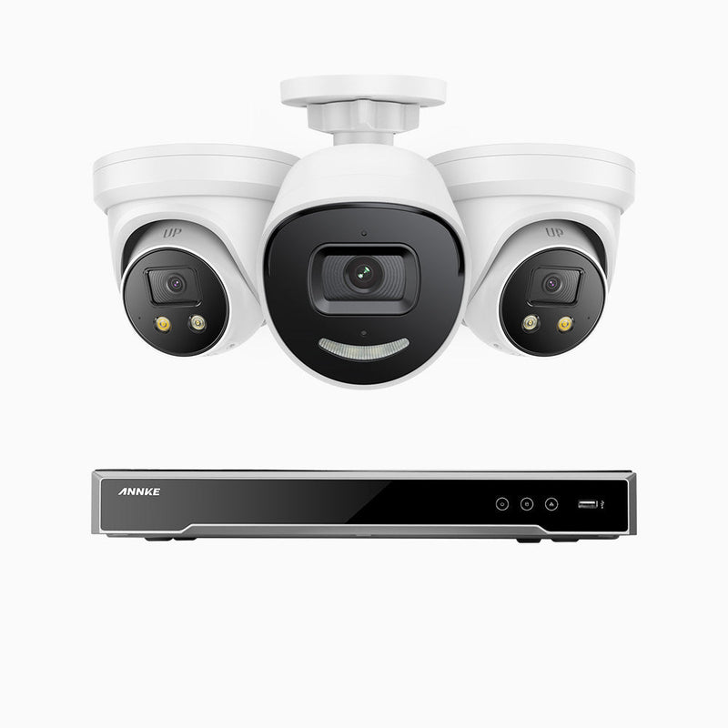 AH800 - 4K 8 Channel PoE Security System with 1 Bullet & 2 Turret Cameras, 1/1.8'' BSI Sensor, f/1.6 Aperture (0.003 Lux), Siren & Strobe Alarm, 2CH 4K Decoding Capability, Human & Vehicle Detection, Perimeter Protection