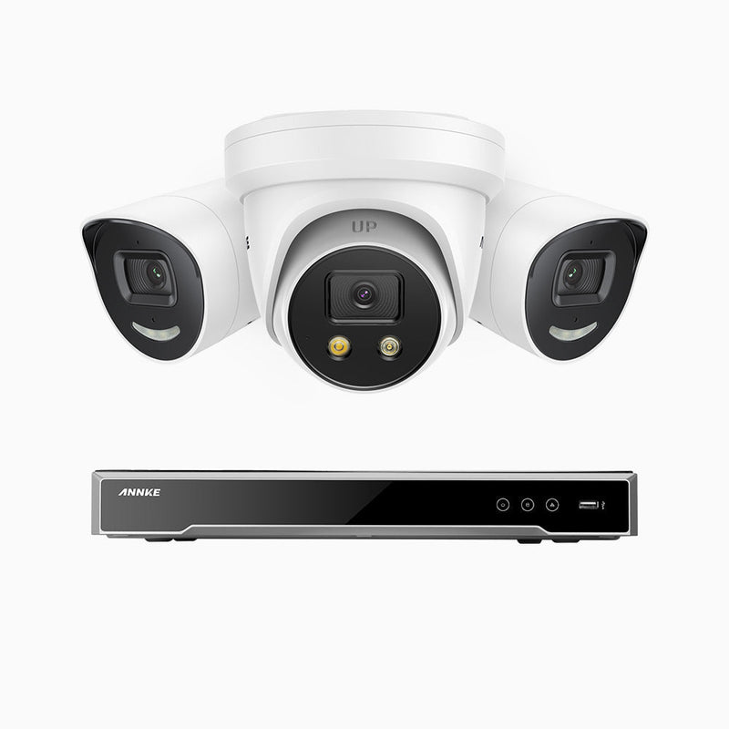 AH800 - 4K 8 Channel PoE Security System with 2 Bullet & 1 Turret Cameras, 1/1.8'' BSI Sensor, f/1.6 Aperture (0.003 Lux), Siren & Strobe Alarm, 2CH 4K Decoding Capability, Human & Vehicle Detection, Perimeter Protection