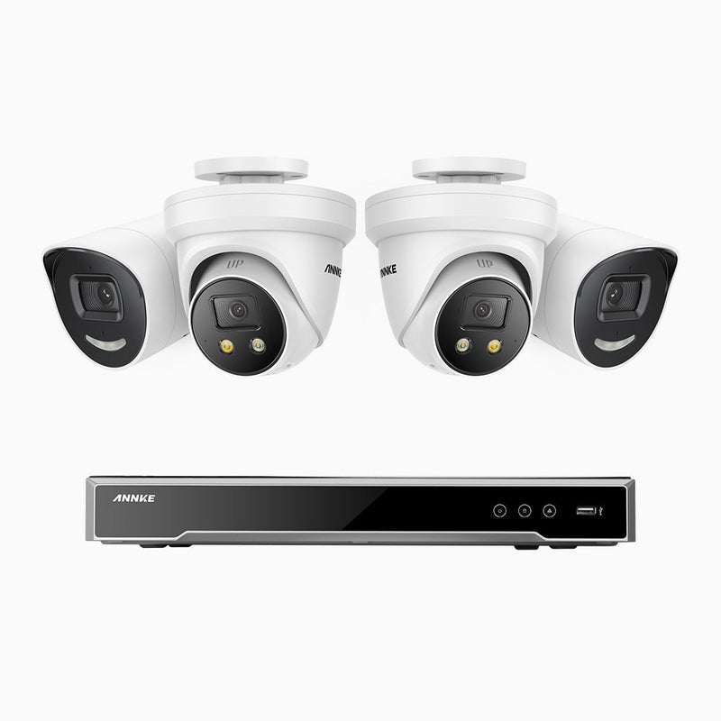 AH800 - 4K 8 Channel PoE Security System with 2 Bullet & 2 Turret Cameras, 1/1.8'' BSI Sensor, f/1.6 Aperture (0.003 Lux), Siren & Strobe Alarm, 2CH 4K Decoding Capability, Human & Vehicle Detection, Perimeter Protection