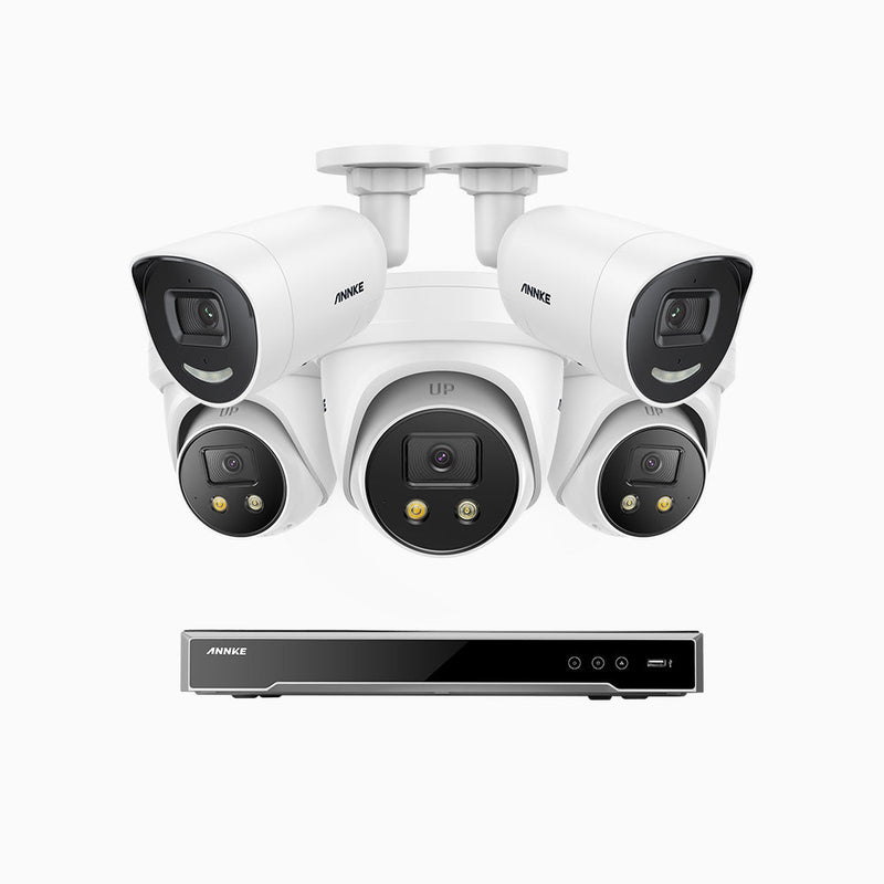 AH800 - 4K 8 Channel PoE Security System with 2 Bullet & 3 Turret Cameras, 1/1.8'' BSI Sensor, f/1.6 Aperture (0.003 Lux), Siren & Strobe Alarm, 2CH 4K Decoding Capability, Human & Vehicle Detection, Perimeter Protection