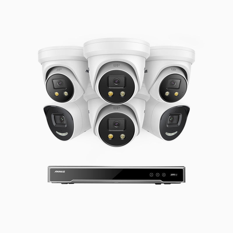 AH800 - 4K 8 Channel PoE Security System with 2 Bullet & 4 Turret Cameras, 1/1.8'' BSI Sensor, f/1.6 Aperture (0.003 Lux), Siren & Strobe Alarm, 2CH 4K Decoding Capability, Human & Vehicle Detection, Perimeter Protection