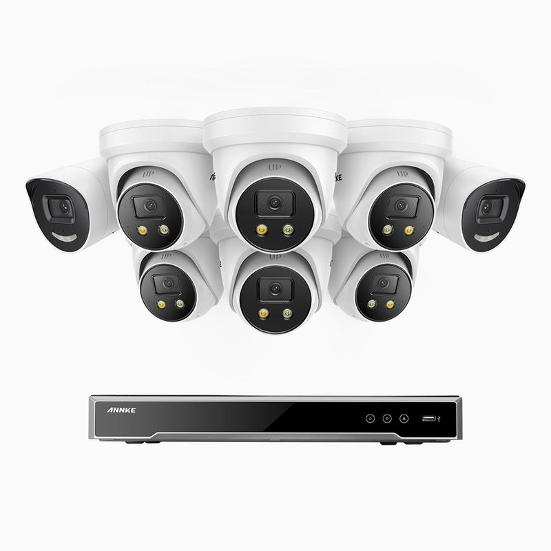 AH800 - 4K 8 Channel PoE Security System with 2 Bullet & 6 Turret Cameras, 1/1.8'' BSI Sensor, f/1.6 Aperture (0.003 Lux), Siren & Strobe Alarm, 2CH 4K Decoding Capability, Human & Vehicle Detection, Perimeter Protection