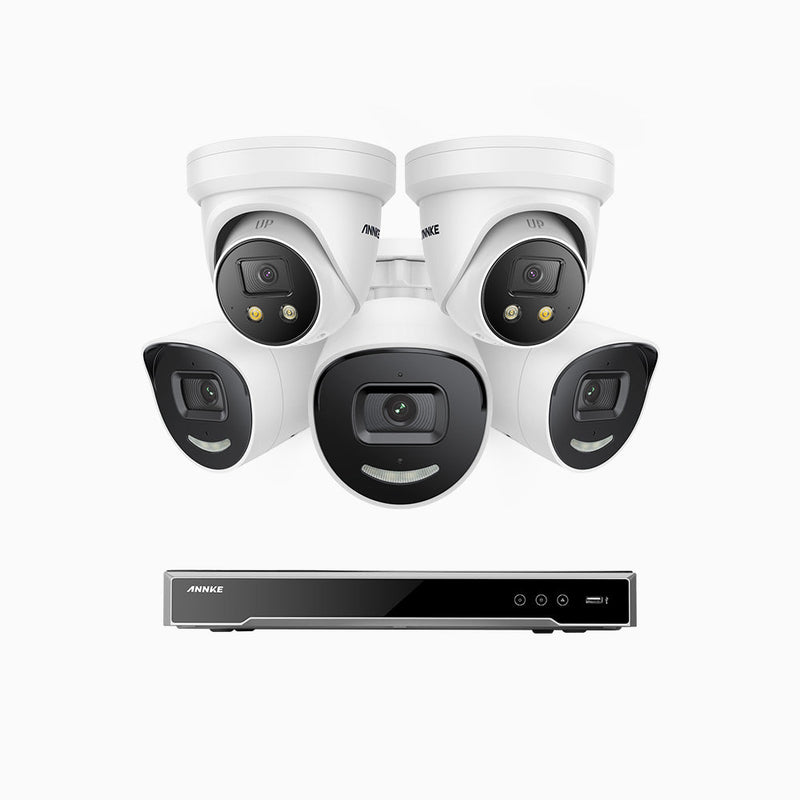 AH800 - 4K 8 Channel PoE Security System with 3 Bullet & 2 Turret Cameras, 1/1.8'' BSI Sensor, f/1.6 Aperture (0.003 Lux), Siren & Strobe Alarm, 2CH 4K Decoding Capability, Human & Vehicle Detection, Perimeter Protection