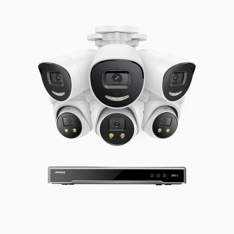 AH800 - 4K 8 Channel PoE Security System with 3 Bullet & 3 Turret Cameras, 1/1.8'' BSI Sensor, f/1.6 Aperture (0.003 Lux), Siren & Strobe Alarm, 2CH 4K Decoding Capability, Human & Vehicle Detection, Perimeter Protection