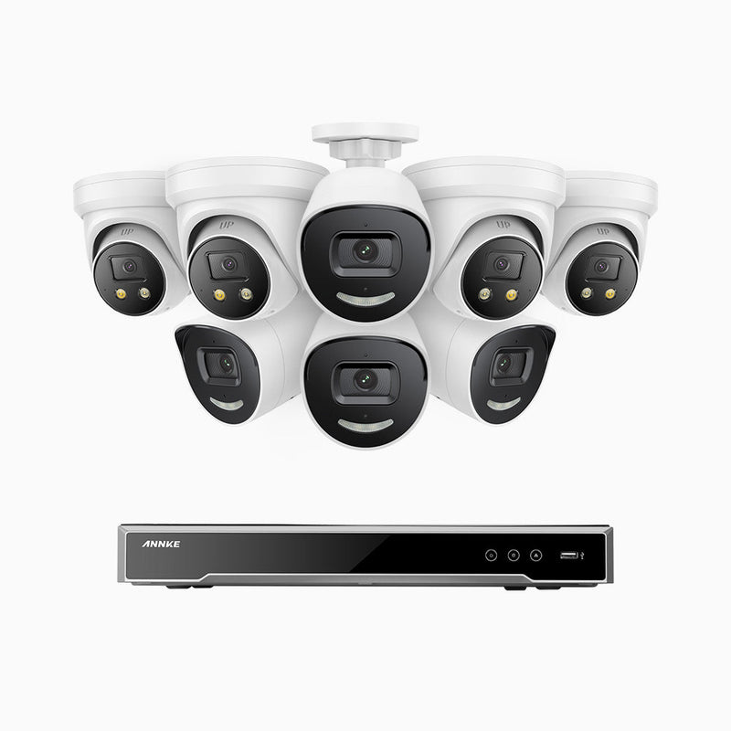 AH800 - 4K 8 Channel PoE Security System with 4 Bullet & 4 Turret Cameras, 1/1.8'' BSI Sensor, f/1.6 Aperture (0.003 Lux), Siren & Strobe Alarm, 2CH 4K Decoding Capability, Human & Vehicle Detection, Perimeter Protection