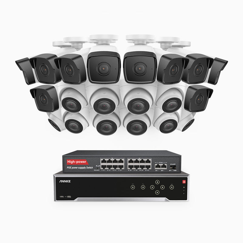 H500 - 5MP 32 Channel PoE Security System with 10 Bullet & 10 Turret Cameras, Built-in Mic & SD Card Slot, Works with Alexa, 16-Port PoE Switch Included , IP67