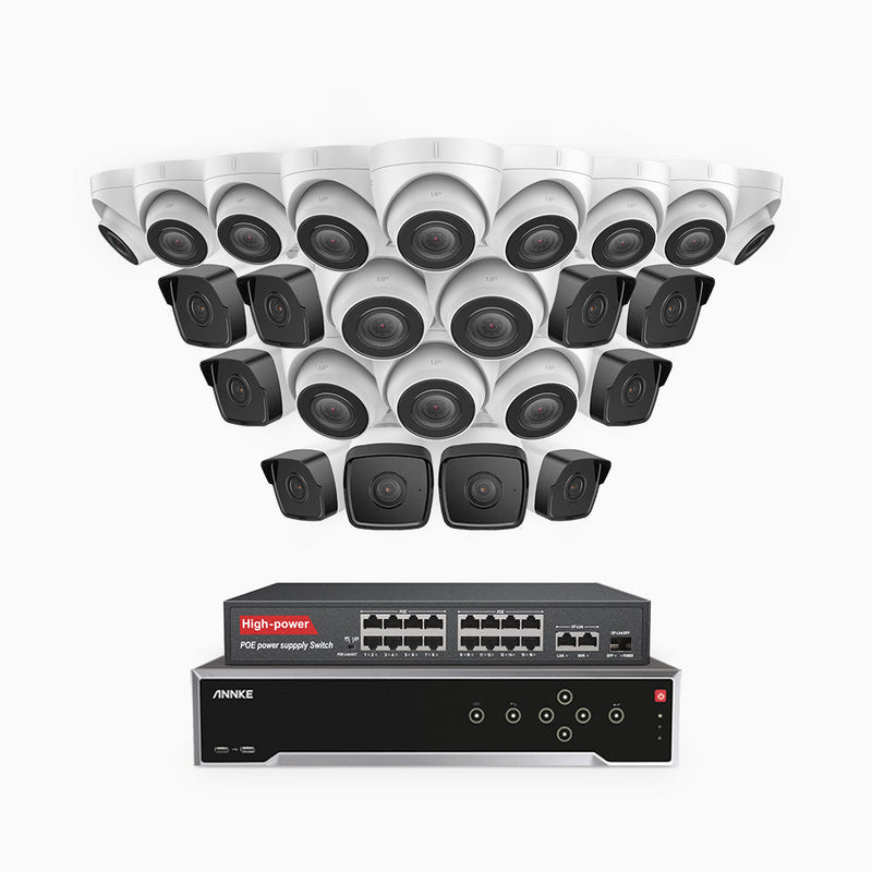 H500 - 5MP 32 Channel PoE Security System with 10 Bullet & 14 Turret Cameras, Built-in Mic & SD Card Slot, Works with Alexa, 16-Port PoE Switch Included , IP67