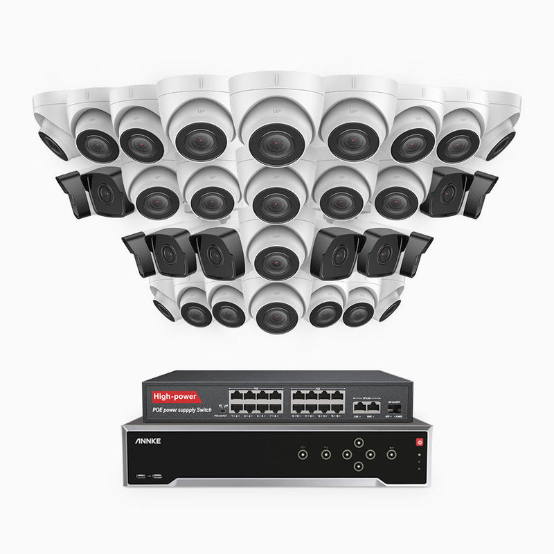H500 - 5MP 32 Channel PoE Security System with 10 Bullet & 22 Turret Cameras, Built-in Mic & SD Card Slot, Works with Alexa, 16-Port PoE Switch Included , IP67