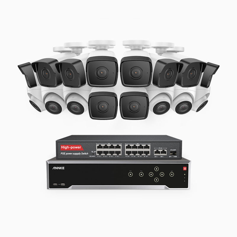H500 - 5MP 32 Channel PoE Security System with 10 Bullet & 6 Turret Cameras, Built-in Mic & SD Card Slot, Works with Alexa, 16-Port PoE Switch Included , IP67