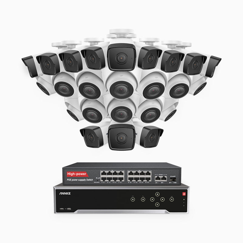 H500 - 5MP 32 Channel PoE Security System with 12 Bullet & 12 Turret Cameras, Built-in Mic & SD Card Slot, Works with Alexa, 16-Port PoE Switch Included , IP67