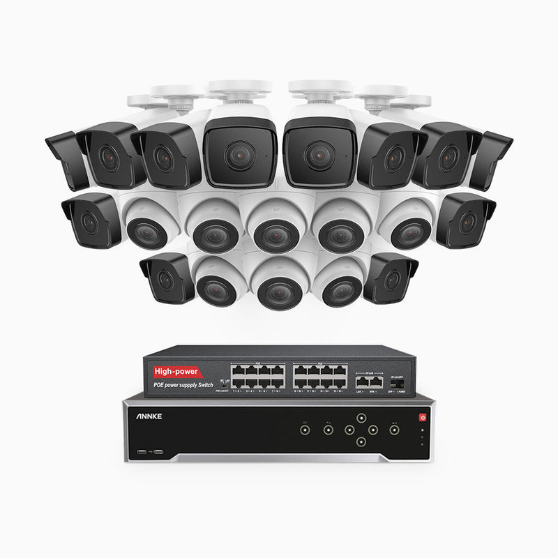 H500 - 5MP 32 Channel PoE Security System with 12 Bullet & 8 Turret Cameras, Built-in Mic & SD Card Slot, Works with Alexa, 16-Port PoE Switch Included , IP67