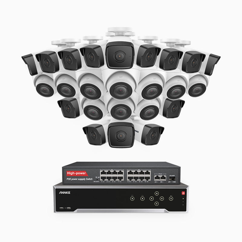 H500 - 5MP 32 Channel PoE Security System with 14 Bullet & 10 Turret Cameras, Built-in Mic & SD Card Slot, Works with Alexa, 16-Port PoE Switch Included , IP67
