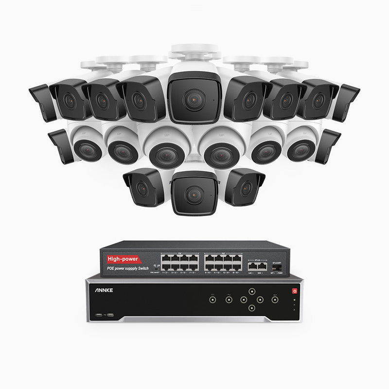 H500 - 5MP 32 Channel PoE Security System with 14 Bullet & 6 Turret Cameras, Built-in Mic & SD Card Slot, Works with Alexa, 16-Port PoE Switch Included , IP67