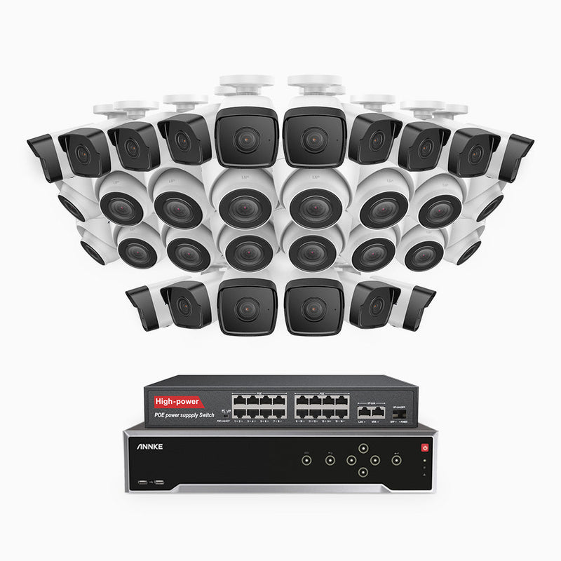 H500 - 5MP 32 Channel PoE Security System with 16 Bullet & 16 Turret Cameras, Built-in Mic & SD Card Slot, Works with Alexa, 16-Port PoE Switch Included , IP67