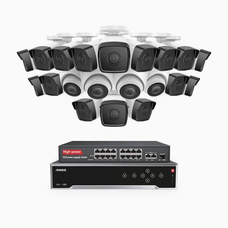 H500 - 5MP 32 Channel PoE Security System with 16 Bullet & 4 Turret Cameras, Built-in Mic & SD Card Slot, Works with Alexa, 16-Port PoE Switch Included , IP67