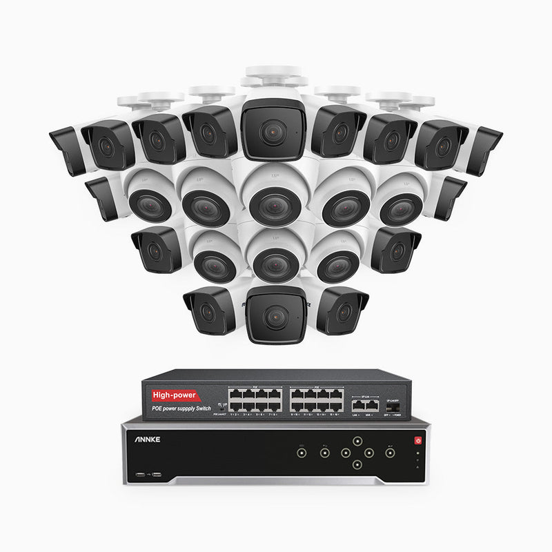 H500 - 5MP 32 Channel PoE Security System with 16 Bullet & 8 Turret Cameras, Built-in Mic & SD Card Slot, Works with Alexa, 16-Port PoE Switch Included , IP67