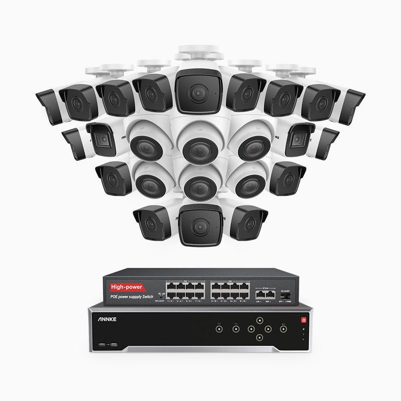 H500 - 5MP 32 Channel PoE Security System with 18 Bullet & 6 Turret Cameras, Built-in Mic & SD Card Slot, Works with Alexa, 16-Port PoE Switch Included , IP67