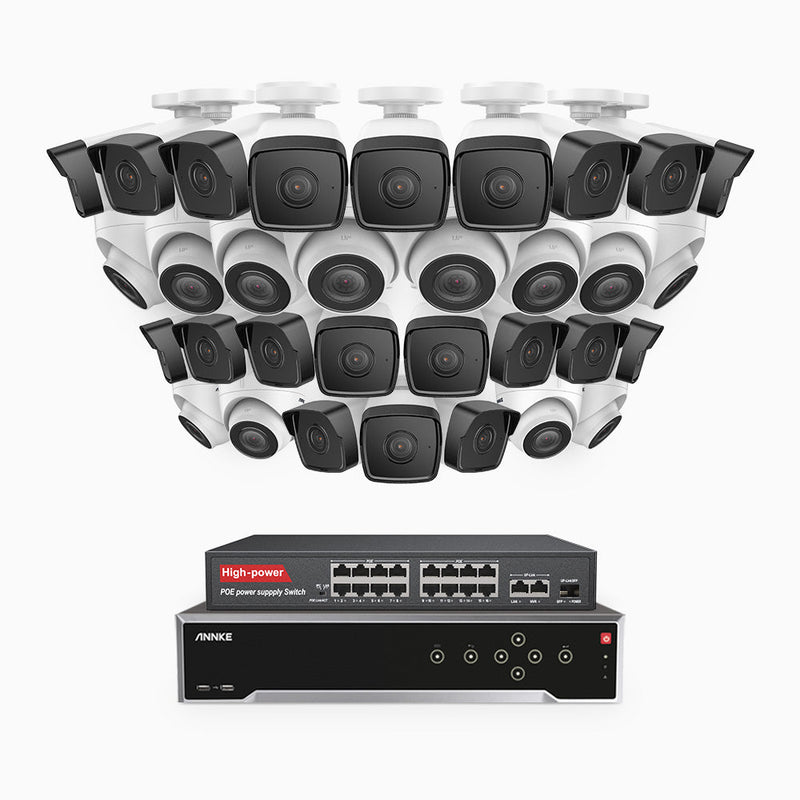 H500 - 5MP 32 Channel PoE Security System with 20 Bullet & 12 Turret Cameras, Built-in Mic & SD Card Slot, Works with Alexa, 16-Port PoE Switch Included , IP67