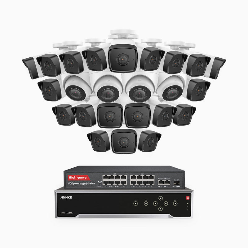 H500 - 5MP 32 Channel PoE Security System with 20 Bullet & 4 Turret Cameras, Built-in Mic & SD Card Slot, Works with Alexa, 16-Port PoE Switch Included , IP67