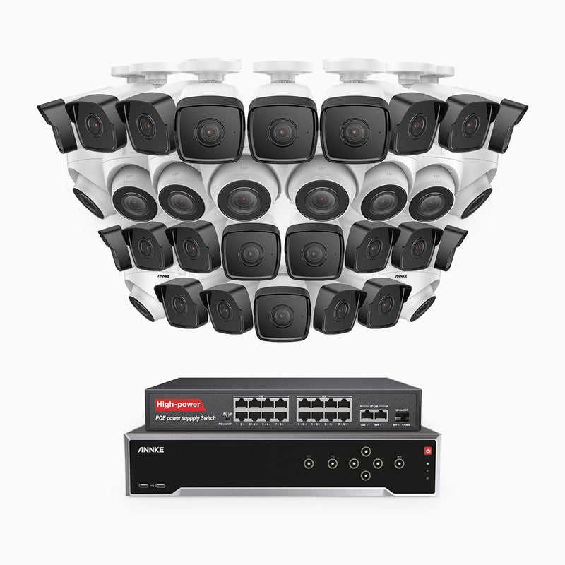 H500 - 5MP 32 Channel PoE Security System with 22 Bullet & 10 Turret Cameras, Built-in Mic & SD Card Slot, Works with Alexa, 16-Port PoE Switch Included , IP67