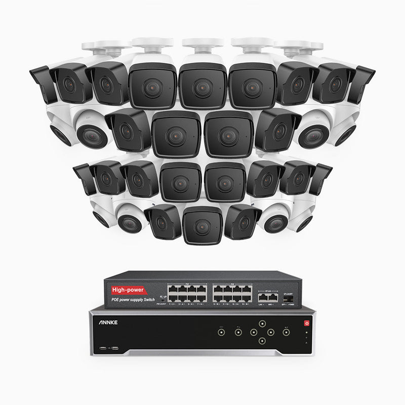 H500 - 5MP 32 Channel PoE Security System with 24 Bullet & 8 Turret Cameras, Built-in Mic & SD Card Slot, Works with Alexa, 16-Port PoE Switch Included , IP67