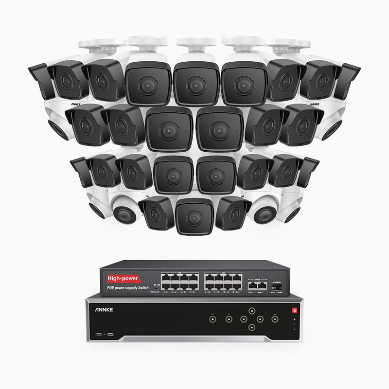 H500 - 5MP 32 Channel PoE Security System with 26 Bullet & 6 Turret Cameras, Built-in Mic & SD Card Slot, Works with Alexa, 16-Port PoE Switch Included , IP67