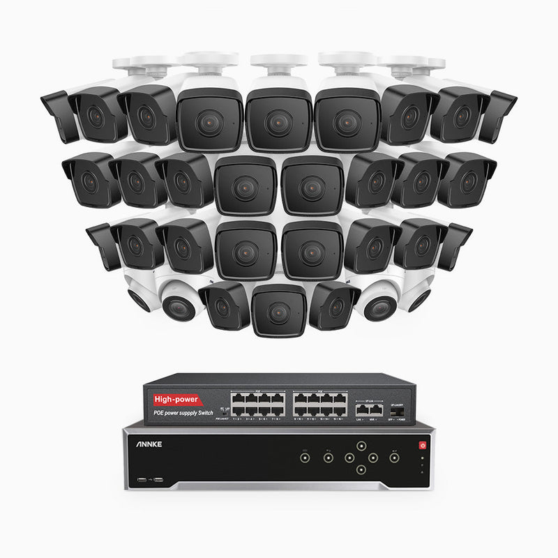 H500 - 5MP 32 Channel PoE Security System with 28 Bullet & 4 Turret Cameras, Built-in Mic & SD Card Slot, Works with Alexa, 16-Port PoE Switch Included , IP67
