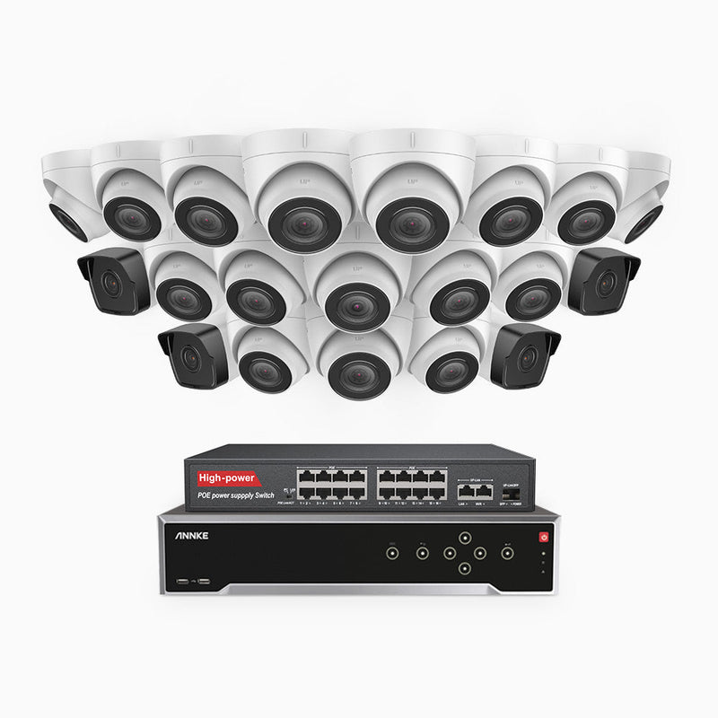 H500 - 5MP 32 Channel PoE Security System with 4 Bullet & 16 Turret Cameras, Built-in Mic & SD Card Slot, Works with Alexa, 16-Port PoE Switch Included , IP67