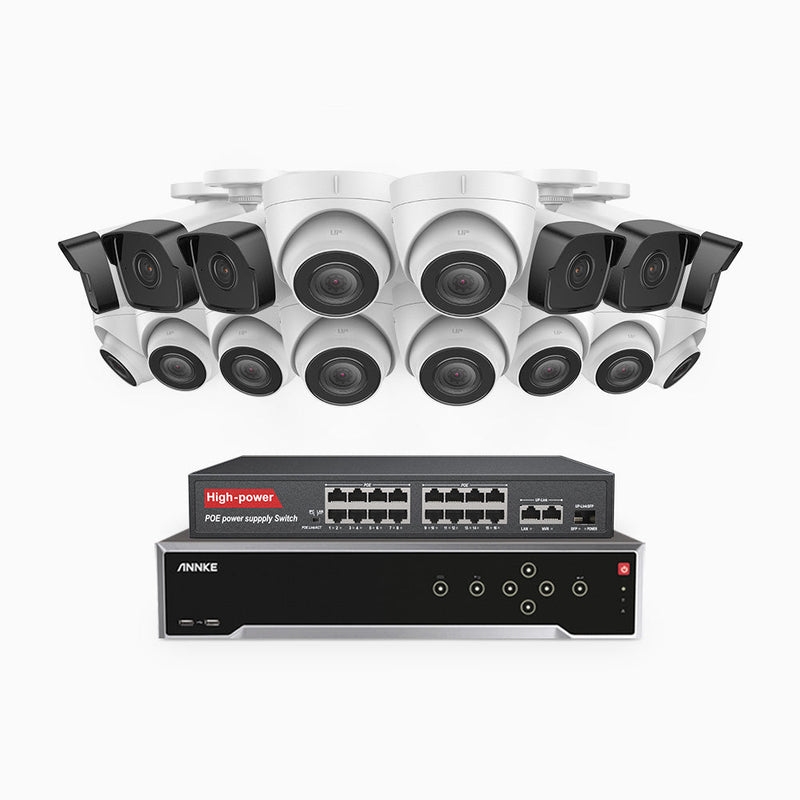 H500 - 5MP 32 Channel PoE Security System with 6 Bullet & 10 Turret Cameras, Built-in Mic & SD Card Slot, Works with Alexa, 16-Port PoE Switch Included , IP67