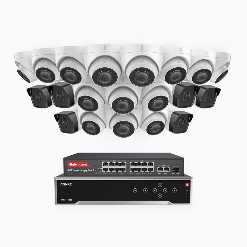 H500 - 5MP 32 Channel PoE Security System with 6 Bullet & 14 Turret Cameras, Built-in Mic & SD Card Slot, Works with Alexa, 16-Port PoE Switch Included , IP67