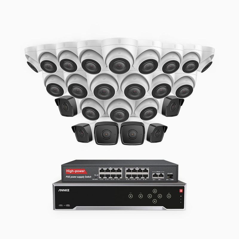 H500 - 5MP 32 Channel PoE Security System with 6 Bullet & 18 Turret Cameras, Built-in Mic & SD Card Slot, Works with Alexa, 16-Port PoE Switch Included , IP67
