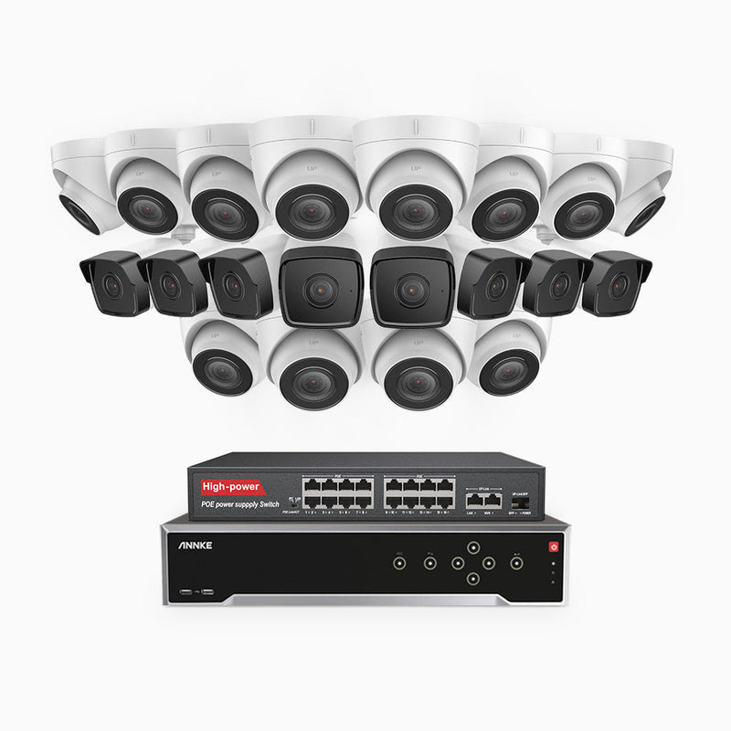 H500 - 5MP 32 Channel PoE Security System with 8 Bullet & 12 Turret Cameras, Built-in Mic & SD Card Slot, Works with Alexa, 16-Port PoE Switch Included , IP67