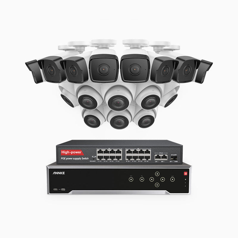 H500 - 5MP 32 Channel PoE Security System with 8 Bullet & 8 Turret Cameras, Built-in Mic & SD Card Slot, Works with Alexa, 16-Port PoE Switch Included , IP67
