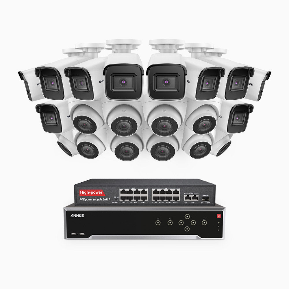 H800 - 4K 32 Channel PoE Security System with 10 Bullet & 10 Turret Cameras, Human & Vehicle Detection, EXIR 2.0 Night Vision, 123° FoV, Built-in Mic, RTSP Supported, 16-Port PoE Switch Included