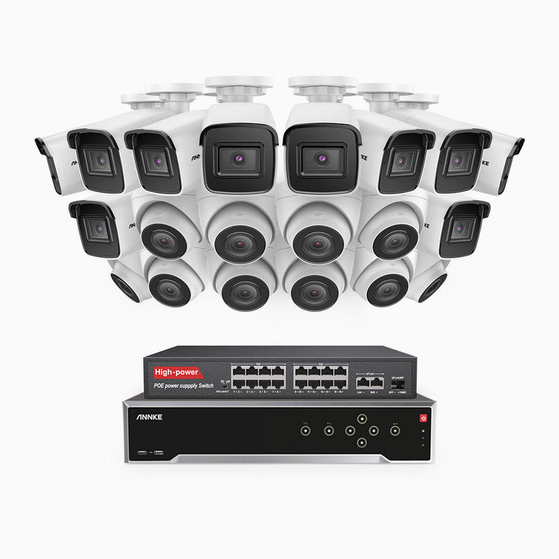 H800 - 4K 32 Channel PoE Security System with 10 Bullet & 10 Turret Cameras, Human & Vehicle Detection, EXIR 2.0 Night Vision, 123° FoV, Built-in Mic, RTSP Supported, 16-Port PoE Switch Included