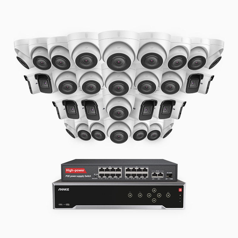 H800 - 4K 32 Channel PoE Security System with 10 Bullet & 22 Turret Cameras, Human & Vehicle Detection, EXIR 2.0 Night Vision, 123° FoV, Built-in Mic, RTSP Supported, 16-Port PoE Switch Included
