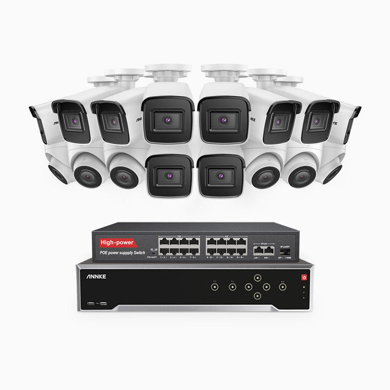 H800 - 4K 32 Channel PoE Security System with 10 Bullet & 6 Turret Cameras, Human & Vehicle Detection, EXIR 2.0 Night Vision, 123° FoV, Built-in Mic, RTSP Supported, 16-Port PoE Switch Included