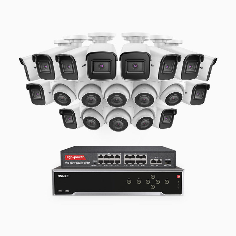 H800 - 4K 32 Channel PoE Security System with 12 Bullet & 8 Turret Cameras, Human & Vehicle Detection, EXIR 2.0 Night Vision, 123° FoV, Built-in Mic, RTSP Supported, 16-Port PoE Switch Included