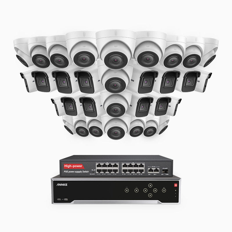 H800 - 4K 32 Channel PoE Security System with 14 Bullet & 18 Turret Cameras, Human & Vehicle Detection, EXIR 2.0 Night Vision, 123° FoV, Built-in Mic, RTSP Supported, 16-Port PoE Switch Included