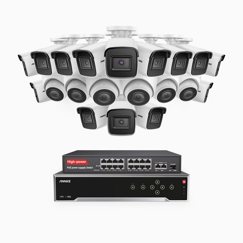 H800 - 4K 32 Channel PoE Security System with 14 Bullet & 6 Turret Cameras, Human & Vehicle Detection, EXIR 2.0 Night Vision, 123° FoV, Built-in Mic, RTSP Supported, 16-Port PoE Switch Included