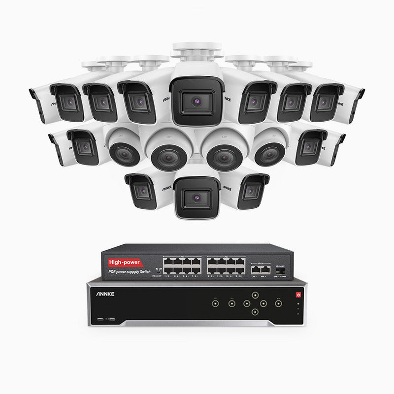 H800 - 4K 32 Channel PoE Security System with 16 Bullet & 4 Turret Cameras, Human & Vehicle Detection, EXIR 2.0 Night Vision, 123° FoV, Built-in Mic, RTSP Supported, 16-Port PoE Switch Included