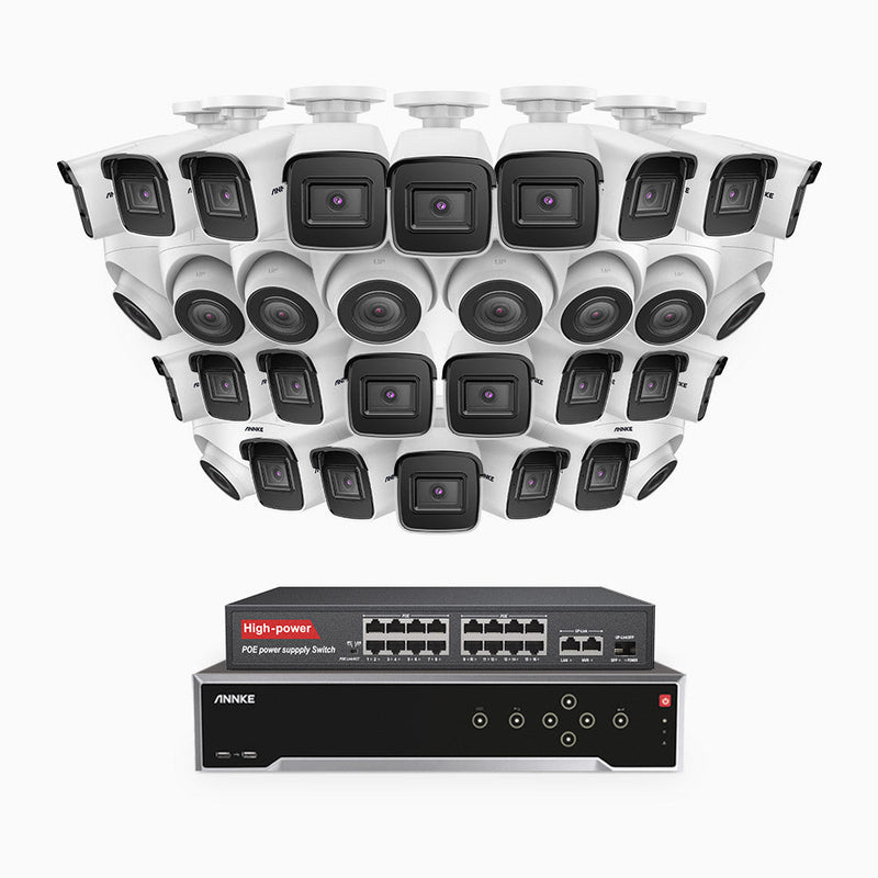 H800 - 4K 32 Channel PoE Security System with 22 Bullet & 10 Turret Cameras, Human & Vehicle Detection, EXIR 2.0 Night Vision, 123° FoV, Built-in Mic, RTSP Supported, 16-Port PoE Switch Included