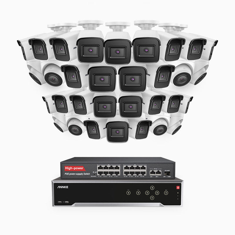 H800 - 4K 32 Channel PoE Security System with 24 Bullet & 8 Turret Cameras, Human & Vehicle Detection, EXIR 2.0 Night Vision, 123° FoV, Built-in Mic, RTSP Supported, 16-Port PoE Switch Included