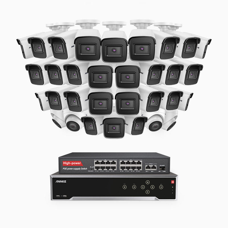 H800 - 4K 32 Channel PoE Security System with 28 Bullet & 4 Turret Cameras, Human & Vehicle Detection, EXIR 2.0 Night Vision, 123° FoV, Built-in Mic, RTSP Supported, 16-Port PoE Switch Included