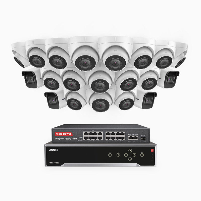 H800 - 4K 32 Channel PoE Security System with 4 Bullet & 16 Turret Cameras, Human & Vehicle Detection, EXIR 2.0 Night Vision, 123° FoV, Built-in Mic, RTSP Supported, 16-Port PoE Switch Included