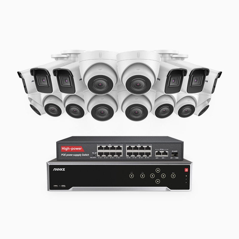H800 - 4K 32 Channel PoE Security System with 6 Bullet & 10 Turret Cameras, Human & Vehicle Detection, EXIR 2.0 Night Vision, 123° FoV, Built-in Mic, RTSP Supported, 16-Port PoE Switch Included